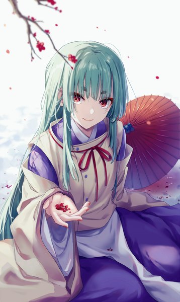 Anime picture 1000x1675 with touhou mystical power plant original suitokuin tenmu hichou single long hair tall image looking at viewer smile red eyes sitting payot traditional clothes japanese clothes aqua hair cherry blossoms eyebrows girl umbrella