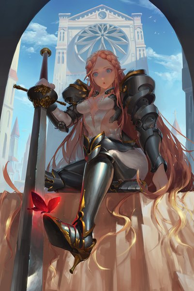Anime picture 1338x2000 with original yoyoo single tall image breasts open mouth blue eyes light erotic blonde hair sitting sky very long hair pointy ears elf girl weapon sword boots armor insect