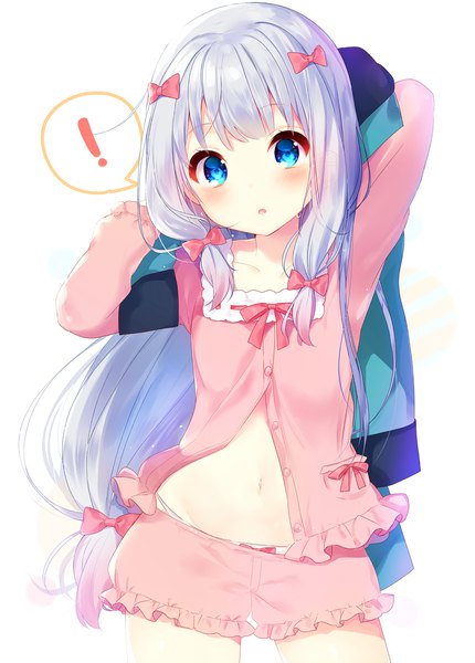 Anime picture 1042x1453 with eromanga sensei a-1 pictures izumi sagiri mafuyu (chibi21) single long hair tall image looking at viewer blush fringe open mouth blue eyes light erotic simple background white background silver hair head tilt arms up :o arms behind head