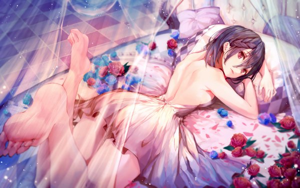 Anime picture 4948x3108 with original munseonghwa single looking at viewer blush fringe highres short hair breasts light erotic hair between eyes red eyes absurdres lying barefoot from above on stomach bare back leg lift (legs lift) checkered floor