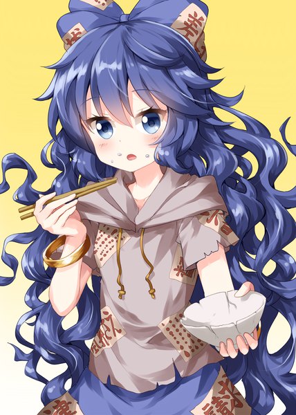 Anime picture 1000x1400 with touhou yorigami shion ruu (tksymkw) single long hair tall image looking at viewer blush open mouth blue eyes simple background gradient background wavy hair outstretched hand yellow background food on face rice on face girl bow hair bow