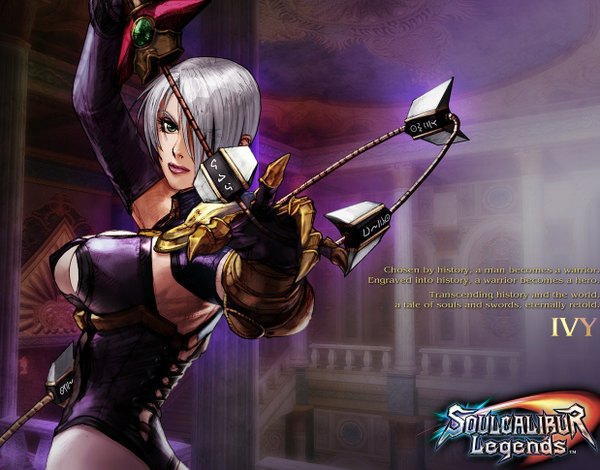 Anime picture 1237x969 with soulcalibur ivy single fringe short hair light erotic green eyes white hair hair over one eye inscription girl weapon claws