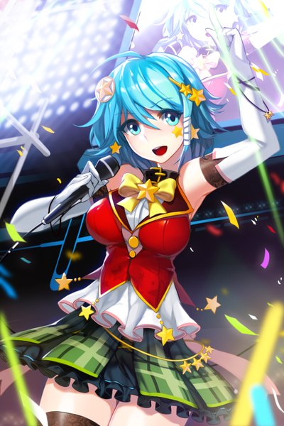 Anime picture 1000x1500 with sword girls snowball22 tall image looking at viewer short hair open mouth blue eyes blue hair girl thighhighs dress skirt gloves hair ornament elbow gloves star (symbol) microphone star hair ornament confetti