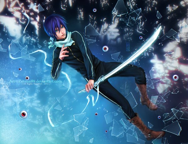 Anime picture 5685x4350 with noragami studio bones yato (noragami) zetsuai89 single highres short hair blue eyes red eyes holding absurdres purple hair realistic mouth hold eyes boy uniform ribbon (ribbons) weapon sword