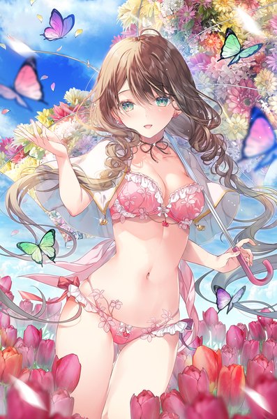 Anime picture 795x1200 with original miwabe sakura single long hair tall image looking at viewer fringe breasts open mouth light erotic smile hair between eyes brown hair standing holding green eyes sky cleavage :d thigh gap