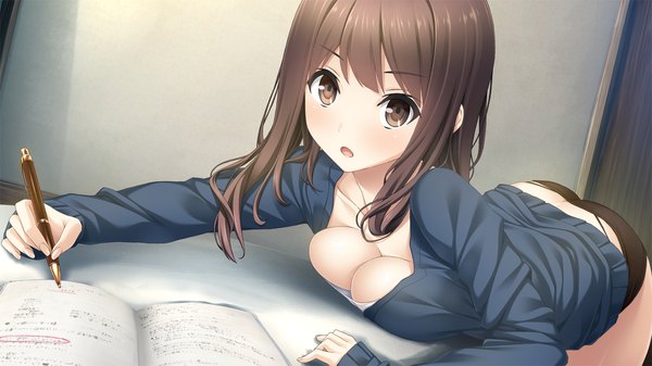 Anime picture 1280x720 with haru kiss giga shiraishi aoi mikoto akemi single long hair looking at viewer blush fringe breasts open mouth light erotic brown hair wide image large breasts brown eyes game cg cleavage fingernails breast press