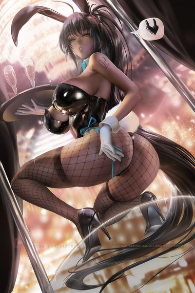 Anime picture 2400x3600 with blue archive karin (blue archive) karin (bunny) (blue archive) sakimichan single tall image looking at viewer fringe highres breasts light erotic black hair large breasts holding animal ears yellow eyes payot full body ahoge bent knee (knees)