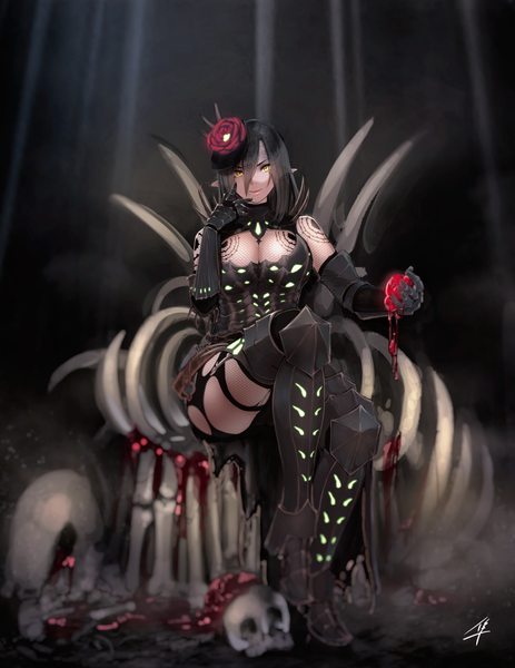 Anime picture 1038x1343 with monster hunter: world vaal hazak (armor) hayabusa single long hair tall image looking at viewer fringe breasts light erotic black hair hair between eyes large breasts sitting holding yellow eyes cleavage bent knee (knees) hair flower pointy ears