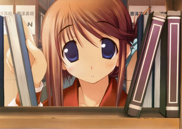 Anime picture 3035x2150 with to heart 2 leaf (studio) komaki manaka highres blue eyes brown hair indoors uniform school uniform book (books) library