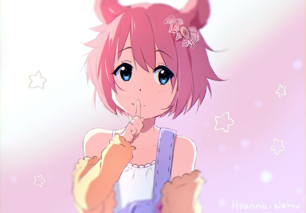 Anime picture 1024x715 with original hyanna-natsu single short hair blue eyes smile bare shoulders signed animal ears looking away pink hair upper body long sleeves gradient background finger to mouth girl hair ornament star (symbol) overalls