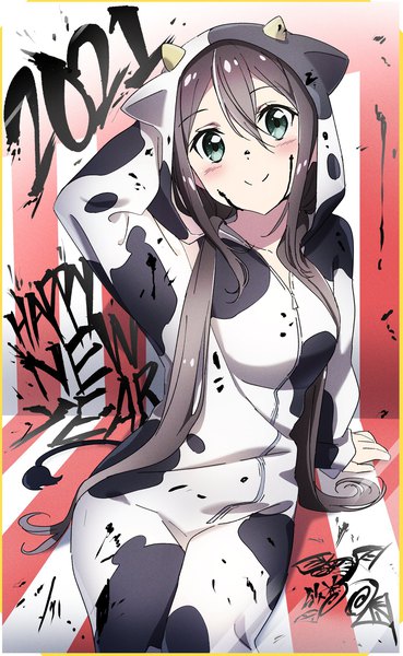 Anime picture 1260x2048 with original pink x single tall image looking at viewer black hair smile sitting twintails green eyes new year animal print happy new year animal hood 2021 cow print girl hood pajamas animal costume