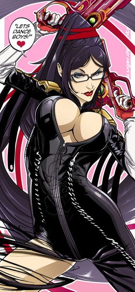 Anime picture 1024x2201 with bayonetta bayonetta (character) uger single tall image breasts blue eyes light erotic black hair large breasts cleavage very long hair lips eyeshadow girl weapon glasses gun bodysuit pistol