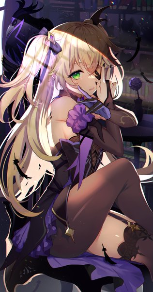 Anime picture 2893x5500 with genshin impact fischl (genshin impact) oz (genshin impact) abusoru single long hair tall image looking at viewer blush fringe highres breasts open mouth light erotic blonde hair sitting bare shoulders green eyes payot bent knee (knees)