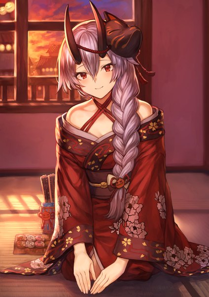 Anime picture 1302x1842 with fate (series) fate/grand order tomoe gozen (fate) mashuu (neko no oyashiro) single long hair tall image looking at viewer blush fringe smile hair between eyes red eyes sitting sky silver hair full body indoors braid (braids) traditional clothes