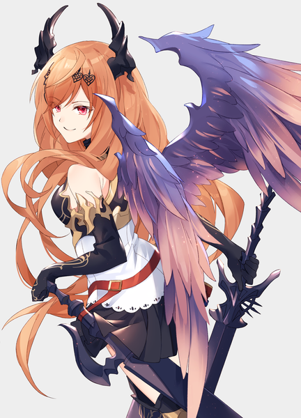 Anime picture 2781x3861 with shingeki no bahamut granblue fantasy dark angel olivia hizuki miya single long hair tall image looking at viewer fringe highres breasts simple background smile red eyes standing holding pleated skirt looking back horn (horns) hair over one eye