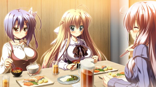 Anime picture 1280x720 with 12 no tsuki no eve shiina mizuka shiina anzu unahara yuki long hair blush blue eyes blonde hair red eyes wide image multiple girls blue hair game cg eyes closed eating girl dress bow hair bow food