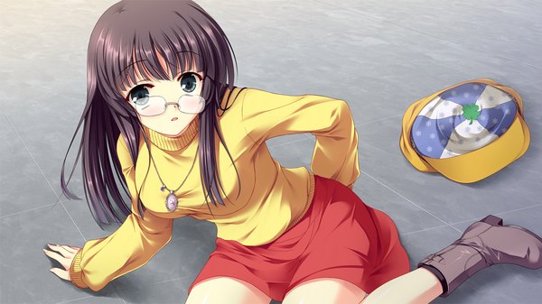 Anime picture 1280x720 with k-ten long hair black hair wide image green eyes game cg falling girl glasses locket