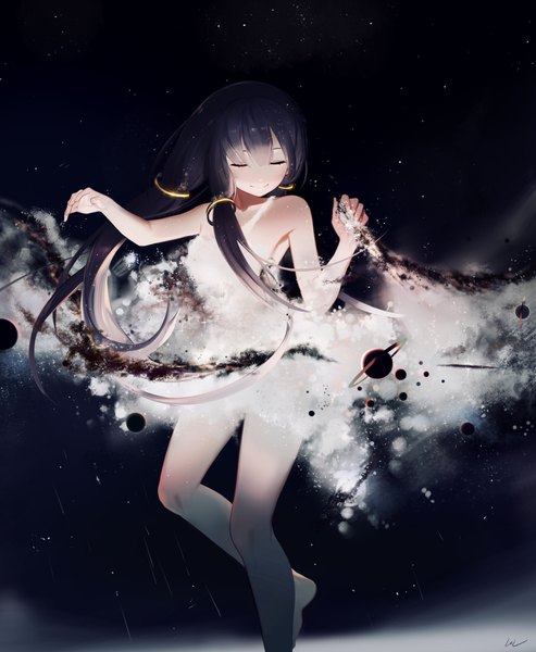 Anime picture 2880x3508 with vocaloid vocaloid china xingchen leiq single long hair tall image blush fringe highres light erotic black hair smile hair between eyes bare shoulders eyes closed barefoot nude bare legs sparkle