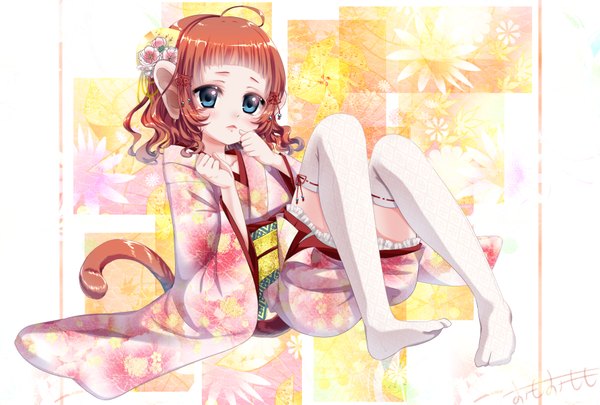 Anime picture 1748x1181 with original omoomomo single blush highres short hair blue eyes brown hair animal ears tail traditional clothes japanese clothes animal tail hair flower new year floral background monkey tail monkey ears girl thighhighs