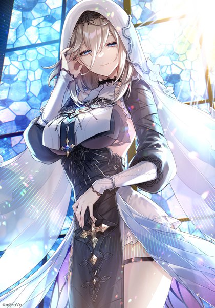 Anime picture 2867x4096 with honkai impact 3rd honkai (series) aponia (honkai impact) amaichi esora single long hair tall image looking at viewer fringe highres breasts blue eyes blonde hair hair between eyes large breasts standing indoors long sleeves arm up light smile