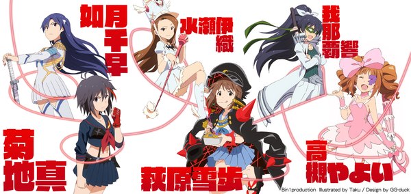 Anime picture 2255x1068 with idolmaster kill la kill studio trigger kisaragi chihaya ganaha hibiki minase iori kikuchi makoto hagiwara yukiho takatsuki yayoi taku1122 long hair looking at viewer highres short hair open mouth black hair brown hair wide image sitting twintails