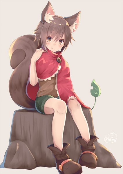 Anime picture 1415x2000 with original chita (ketchup) single tall image looking at viewer blush fringe short hair simple background smile hair between eyes brown hair sitting brown eyes signed animal ears full body bent knee (knees) tail animal tail