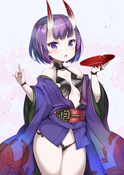 Anime picture 848x1200 with fate (series) fate/grand order shuten douji (fate) pilokey single tall image looking at viewer blush fringe short hair open mouth light erotic simple background standing white background purple eyes bare shoulders holding purple hair traditional clothes