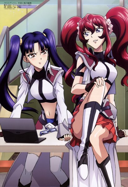 Anime picture 4086x5933 with cross ange sunrise (studio) megami magazine hilda (cross ange) salia (cross ange) sano takayuki long hair tall image highres smile purple eyes twintails multiple girls brown eyes blue hair absurdres red hair official art girl thighhighs