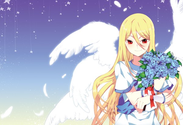 Anime picture 1469x1000 with inazuma eleven inazuma eleven go afuro terumi odd single long hair looking at viewer fringe blonde hair smile hair between eyes red eyes upper body white wings otoko no ko multiple wings boy flower (flowers) wings rose (roses)