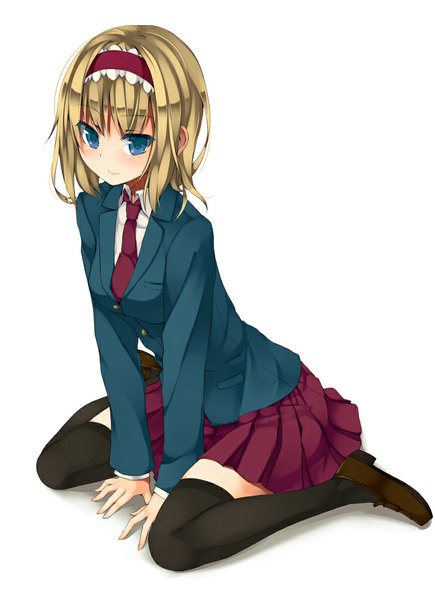 Anime picture 726x1000 with touhou alice margatroid unasaka ryou single tall image looking at viewer short hair blue eyes simple background blonde hair white background sitting full body wariza girl thighhighs skirt black thighhighs hairband