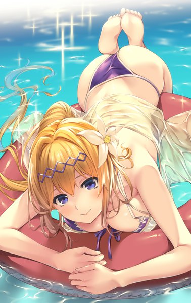 Anime picture 2400x3800 with granblue fantasy jeanne d'arc (granblue fantasy) akanagi youto single long hair tall image looking at viewer blush fringe highres breasts light erotic blonde hair smile hair between eyes large breasts purple eyes cleavage ass outdoors