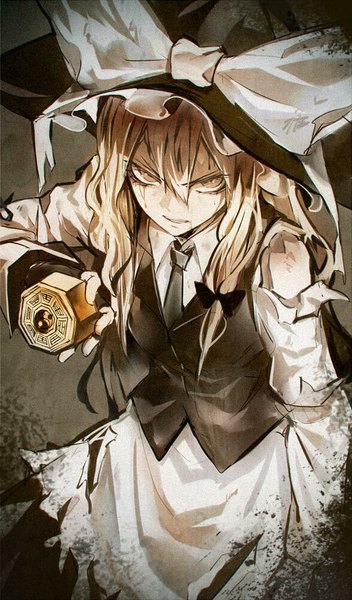 Anime picture 587x1000 with touhou kirisame marisa kozou single long hair tall image looking at viewer fringe blonde hair yellow eyes from above sweat torn clothes girl skirt gloves bow hair bow necktie headdress
