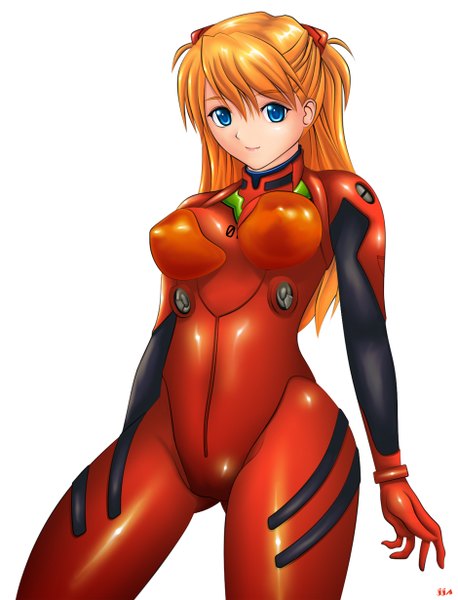 Anime picture 940x1230 with neon genesis evangelion gainax soryu asuka langley khalitzburg single long hair tall image looking at viewer breasts blue eyes light erotic simple background large breasts white background orange hair erect nipples covered nipples girl bodysuit