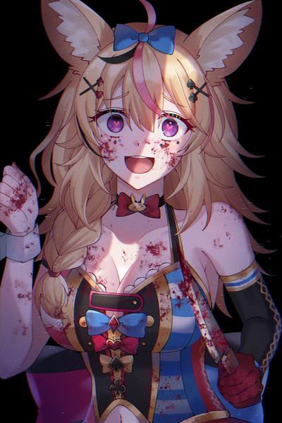 Anime picture 1200x1798 with virtual youtuber hololive omaru polka ryu.o single long hair tall image looking at viewer blush fringe breasts open mouth light erotic simple background blonde hair hair between eyes large breasts standing purple eyes animal ears
