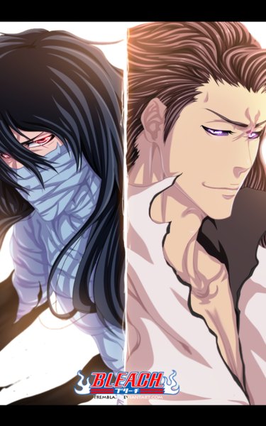 Anime picture 626x1000 with bleach studio pierrot kurosaki ichigo aizen sousuke tremblax long hair tall image black hair smile red eyes brown hair traditional clothes japanese clothes pink eyes inscription coloring light letterboxed multiview manga