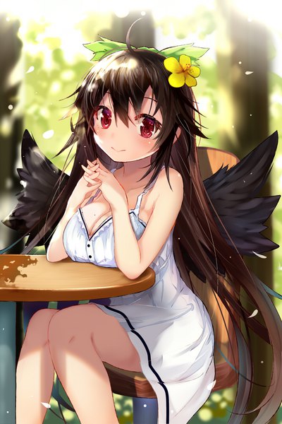 Anime picture 666x1000 with touhou reiuji utsuho efe single tall image looking at viewer blush fringe breasts smile hair between eyes red eyes brown hair large breasts sitting bare shoulders cleavage ahoge outdoors very long hair