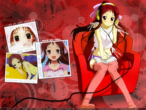 Anime picture 1600x1200 with rec shaft (studio) onda aka light erotic red background girl headphones