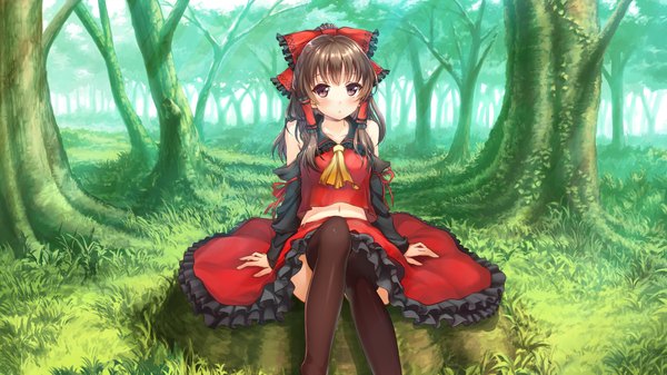 Anime picture 1920x1080 with touhou hakurei reimu momoko (momopoco) shirakawa mayo (artist) single long hair looking at viewer blush fringe highres open mouth red eyes brown hair wide image sitting bare shoulders outdoors midriff miko alternate color