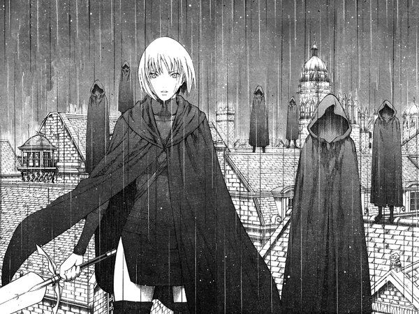 Anime picture 1600x1200 with claymore madhouse clare (claymore) tagme (artist) short hair white hair city monochrome rain girl sword hood cloak roof