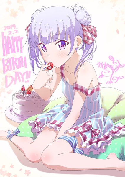 Anime picture 1448x2048 with new game! doga kobo suzukaze aoba pink x single long hair tall image looking at viewer blush sitting purple eyes twintails purple hair hair bun (hair buns) dated wariza strap slip eating happy birthday girl