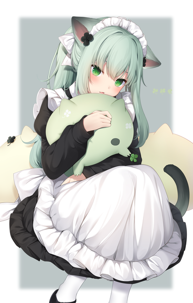 Anime picture 1300x2042 with original nachi single long hair tall image looking at viewer blush fringe open mouth simple background sitting green eyes animal ears payot ponytail tail long sleeves head tilt animal tail green hair