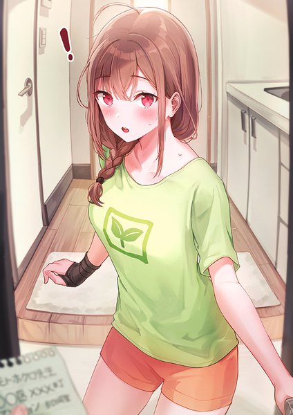 Anime picture 636x900 with original rangu long hair tall image looking at viewer blush fringe open mouth red eyes brown hair standing holding ahoge indoors braid (braids) :o short sleeves single braid solo focus pov