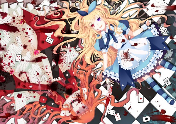Anime picture 1000x707 with alice in wonderland alice (wonderland) queen of hearts maydream long hair blonde hair red eyes multiple girls red hair heterochromia girl thighhighs dress 2 girls frills blood striped thighhighs card (cards)
