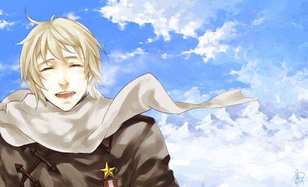 Anime picture 1350x820 with axis powers hetalia studio deen russia (hetalia) short hair open mouth blonde hair smile wide image sky cloud (clouds) eyes closed winter mountain boy scarf coat medal