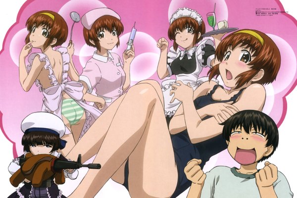 Anime picture 2996x2001 with tonagura arisaka kazuki kagura marie highres light erotic nude maid nurse underwear panties swimsuit apron one-piece swimsuit striped panties school swimsuit