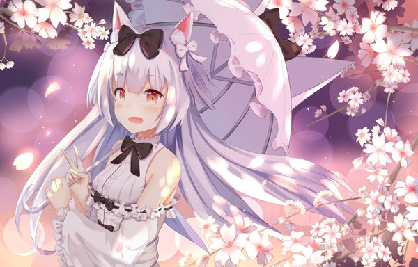 Anime picture 1500x961 with azur lane yukikaze (azur lane) yukikaze (swings-sama) (azur lane) mobu (wddtfy61) single long hair looking at viewer blush fringe open mouth smile hair between eyes standing bare shoulders holding animal ears silver hair :d wind cat ears