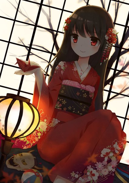 Anime picture 1500x2122 with original yon (letter) single long hair tall image blush fringe smile red eyes brown hair sitting holding looking away indoors traditional clothes japanese clothes wide sleeves bare tree girl hair ornament