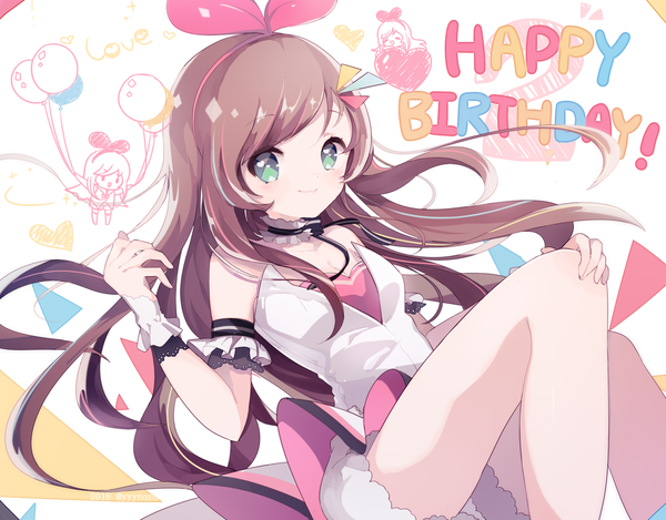 Anime picture 999x781 with virtual youtuber a.i. channel kizuna ai kizuna ai (anniversary) captain yue single long hair looking at viewer brown hair green eyes multicolored hair streaked hair happy birthday hand on knee cute girl bow hair bow