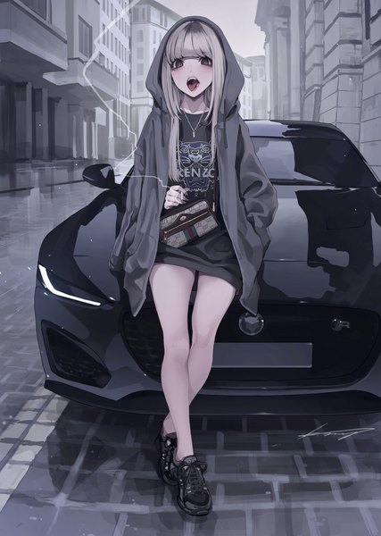 Anime picture 2729x3833 with original jaguar (car) koh (minagi kou) single long hair tall image looking at viewer fringe highres open mouth sitting holding signed silver hair full body outdoors blunt bangs nail polish fingernails open jacket