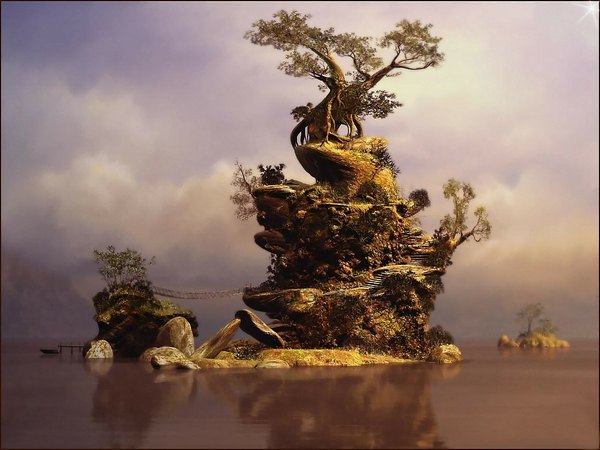 Аниме картинка 1024x768 с небо растение (растения) дерево (деревья) вода лестница камень (камни) мост остров